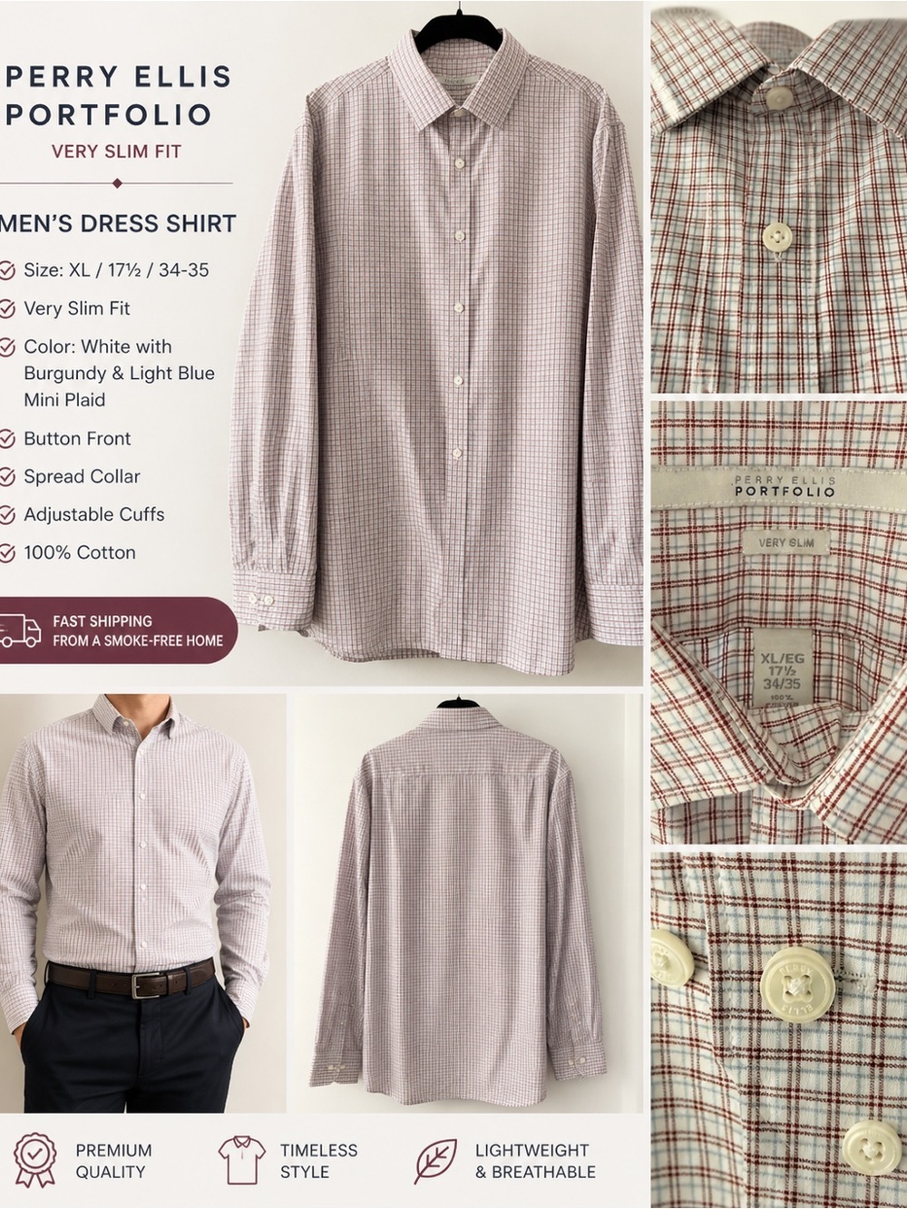 Perry Ellis Portfolio Very Slim Fit Checkered Dress Shirt | XL 17.5 / 34-35